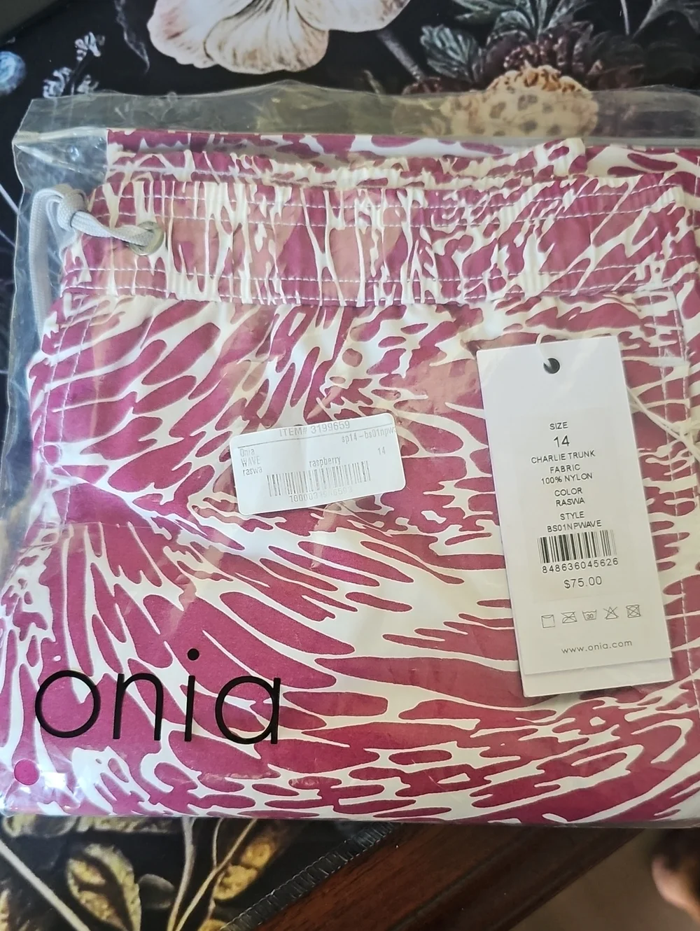 NWT Boys Onia Magenta and White Abstract Charlie Trunk Swim Shorts Sz 14